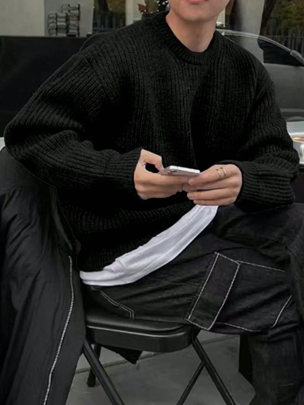 Black Casual Men's Loose Long Sleeve Round Neck Pullover Sweater